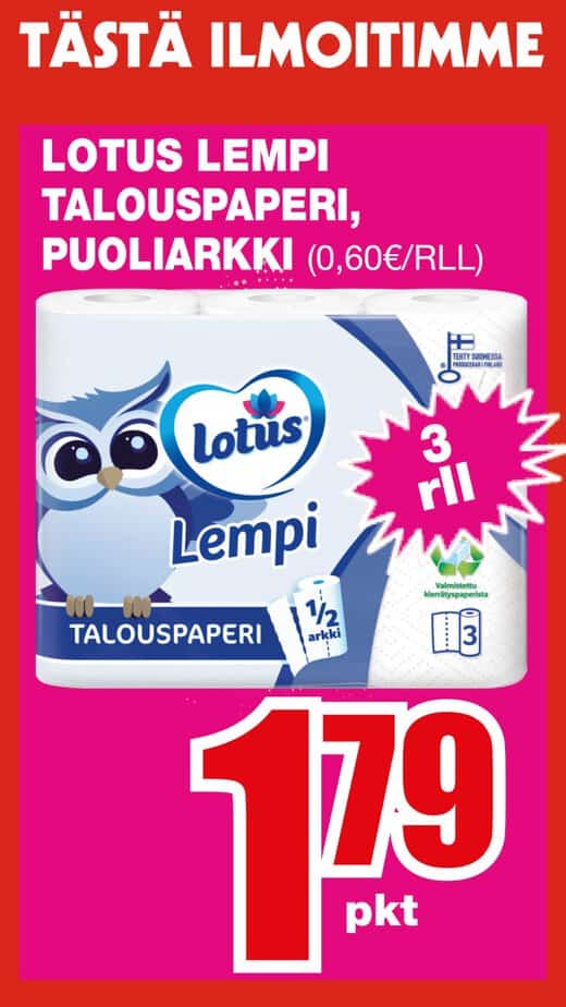 Bright pink ad for lotus lempi toilet paper, showing a 3-roll pack and price 1,79 € in bold white text. | säästötalo latvala